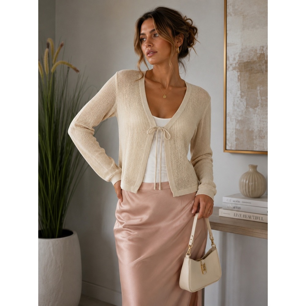 Commense Cream Tie Front Open Knit Cardigan Sheer Lightweight Sweater Size M